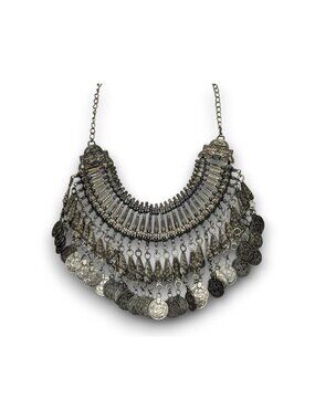 Vintage Boho Tribal Silver Tone Coin Fringe Bib Necklace 14 Inch